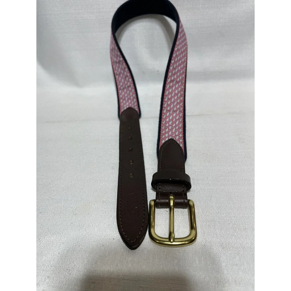 Vineyard Vines Boys' Classic Whale Canvas Club Belt Leather Pink 24 Brass Buckle